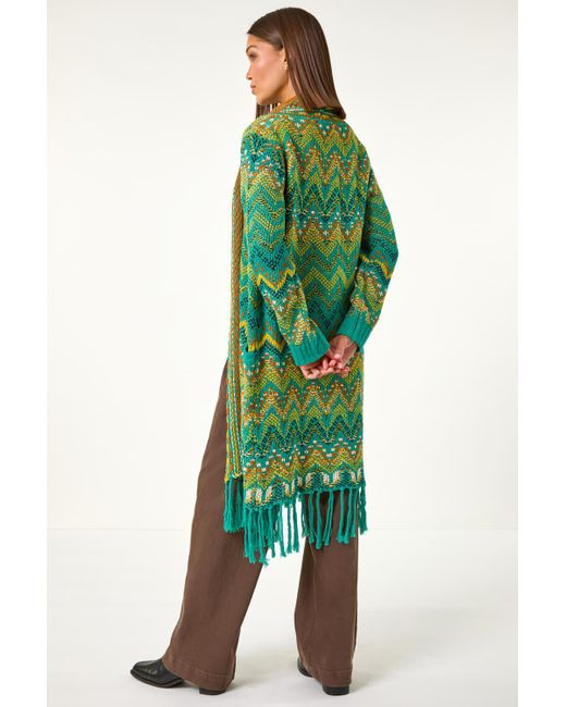 Roman Green Patterned Fringe Hem Cardigan