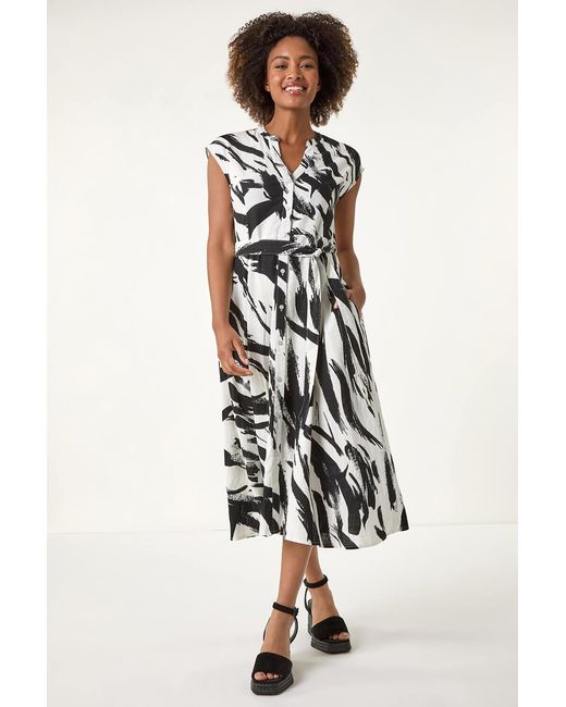 Roman White Brushstroke Linen Mix Midi Dress