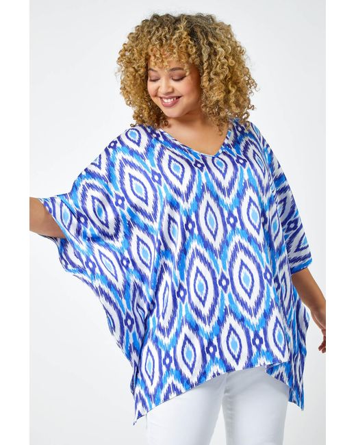Roman Curve Blue Aztec Print V-Neck Relaxed Tunic Top