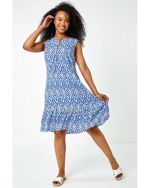 Roman Petite Blue Aztec Print Frill Hem Shift Dress