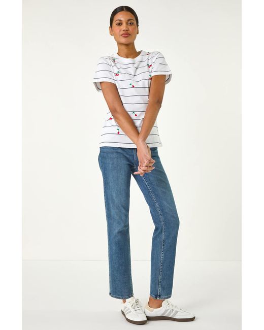Roman Blue Cherry Embroidered Stripe T-Shirt