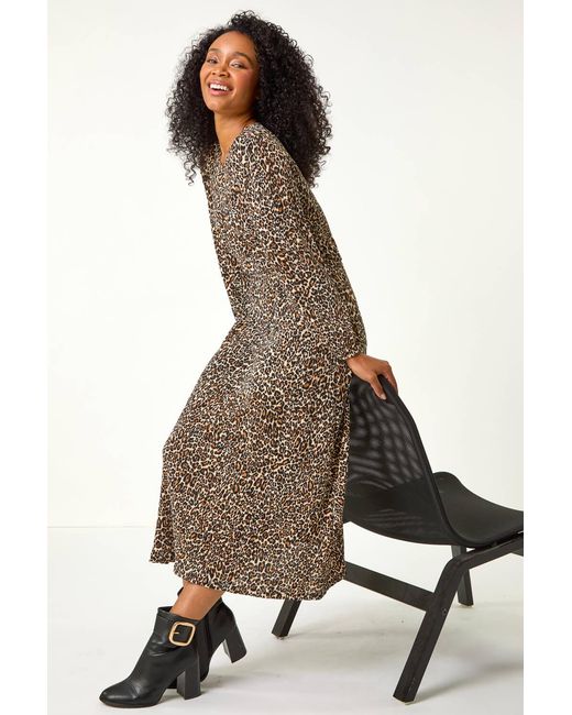Roman Petite Brown Plisse Animal Print Dress