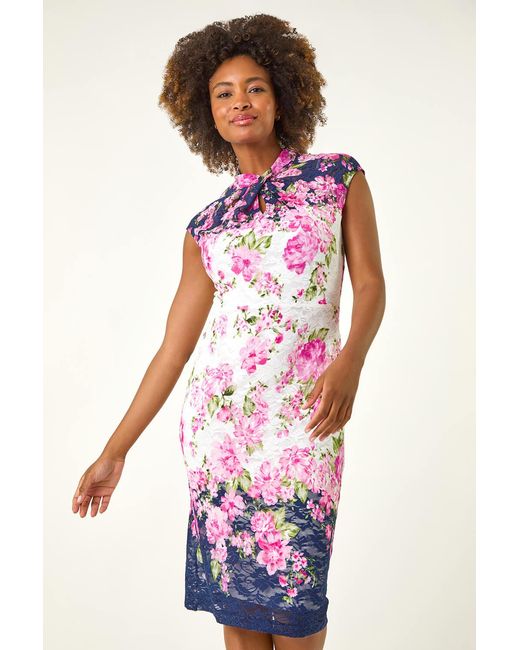 Roman Red Floral Lace Twist Neck Keyhole Dress