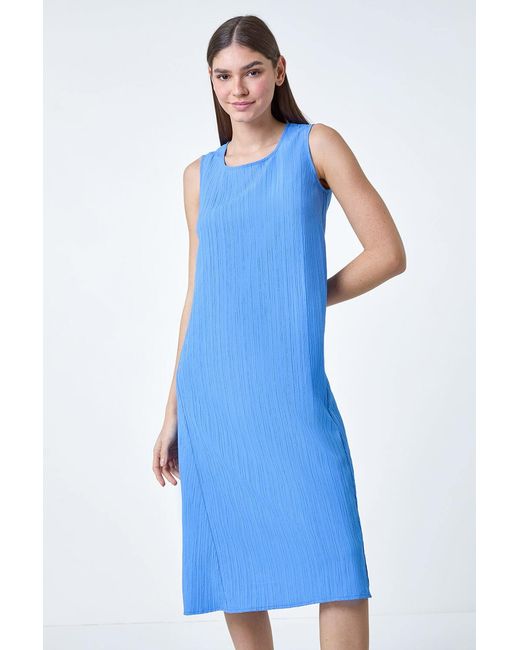 Roman Blue Textured Stretch Sleeveless Midi Dress