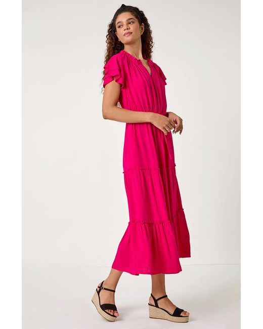 Roman Pink Frill Detail Tiered Midi Dress