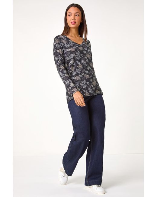 Roman Gray Floral Print Relaxed Stretch Top