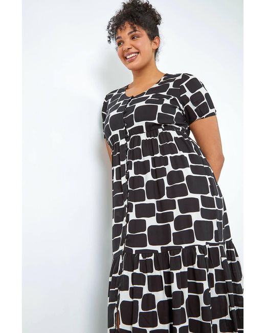 Roman Curve Blue Pebble Print Tiered Midi Dress