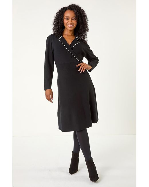 Roman Petite Black Pearl Embellished Knit Dress