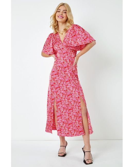 D.u.s.k Red Ditsy Floral Satin Midi Dress