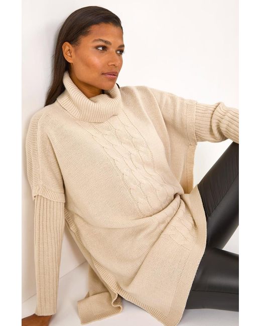 Roman Natural Cable Knit Roll Neck Poncho Jumper
