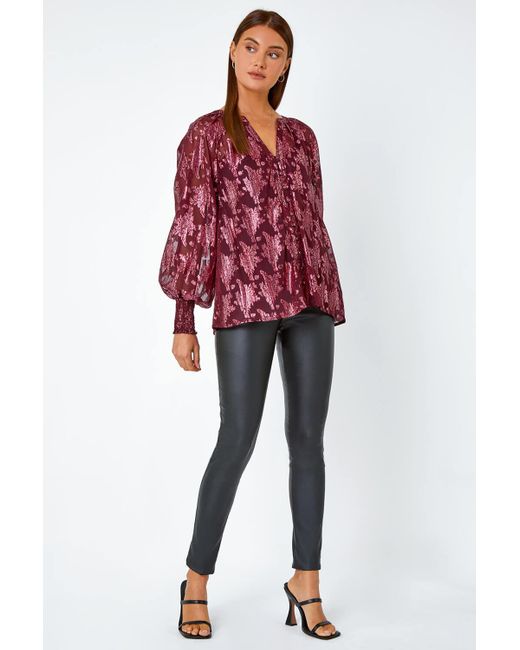 Roman Red Abstract Metallic Print V-Neck Blouse