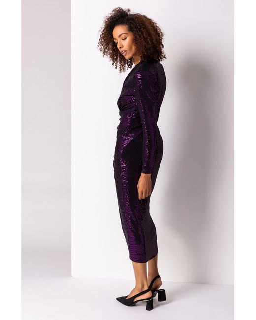 Roman Purple Sequin Embellished Ruched Wrap Dress