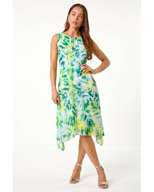 Roman Petite Green Hanky Hem Leaf Print Midi Dress