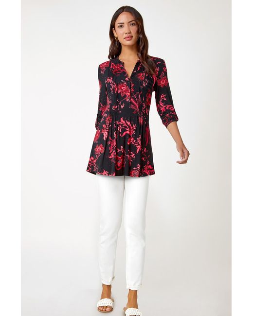 Roman Red Paisley Print Pintuck Stretch Top