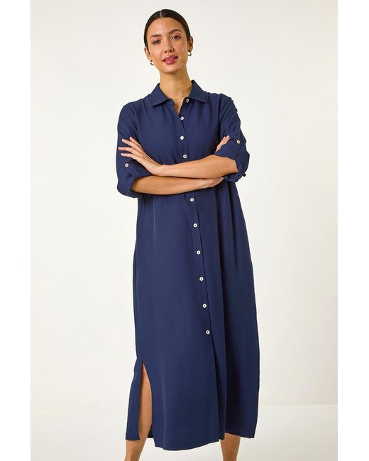 Roman Blue Button Through Shirt Midi Dress