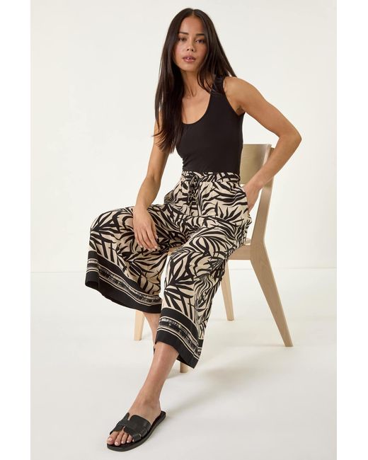 Roman Petite Black Leaf Border Print Tie Waist Culottes