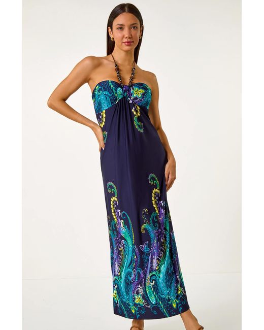 Roman Blue Paisley Beaded Necklace Bandeau Maxi Dress