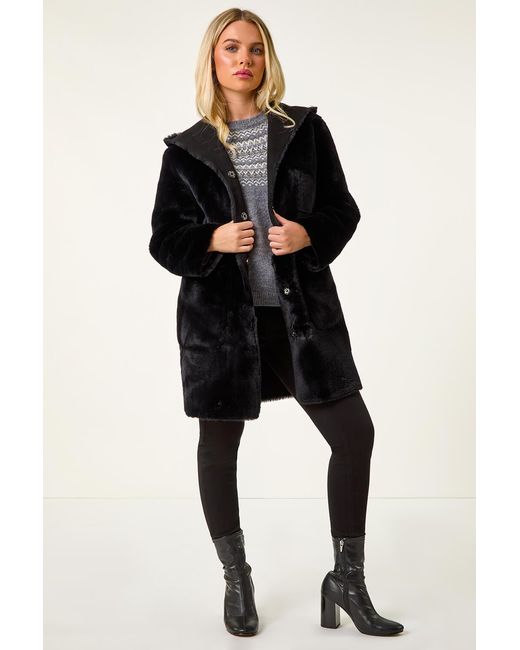 Roman Petite Black Faux Sheepskin Reversible Hooded Coat
