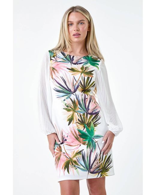Roman Petite White Tropical Pleat Sleeve Shift Dress