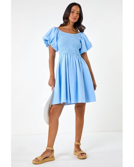 D.u.s.k Blue Puff Sleeve Shirred Dress