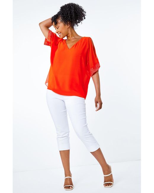Roman Petite Orange Hotfix Detail Cold Shoulder Top