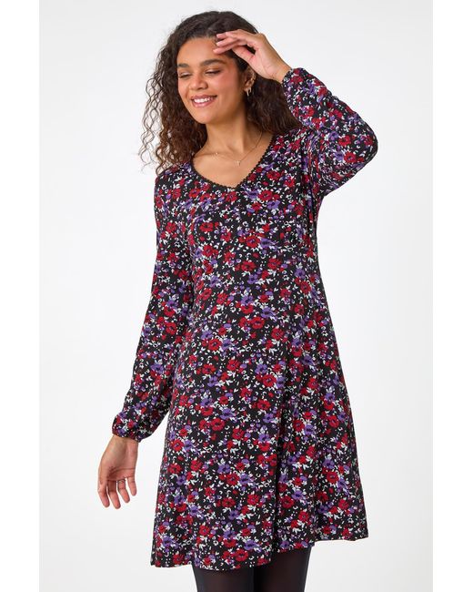 Roman Red Floral Print Lace Trim Stretch Dress