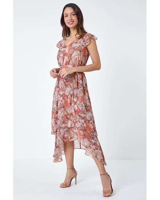 Roman Multicolor Snake Print Asymmetric Tiered Midi Dress