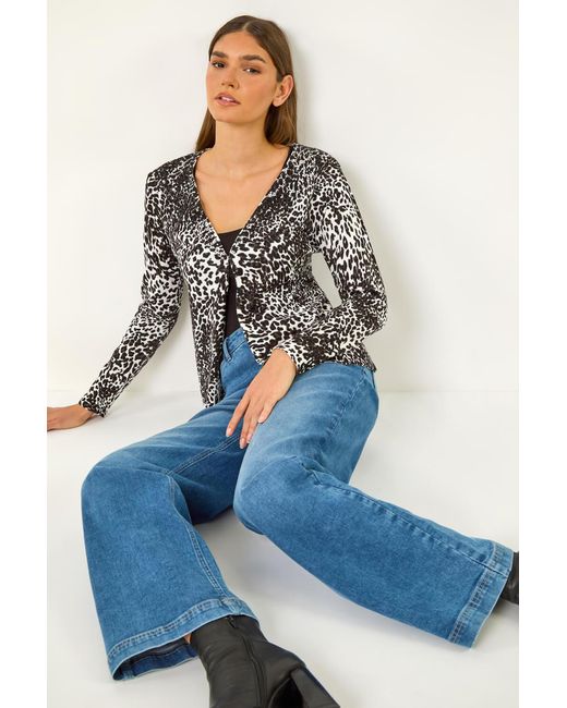 Roman Blue Embellished Animal Print V-Neck Cardigan