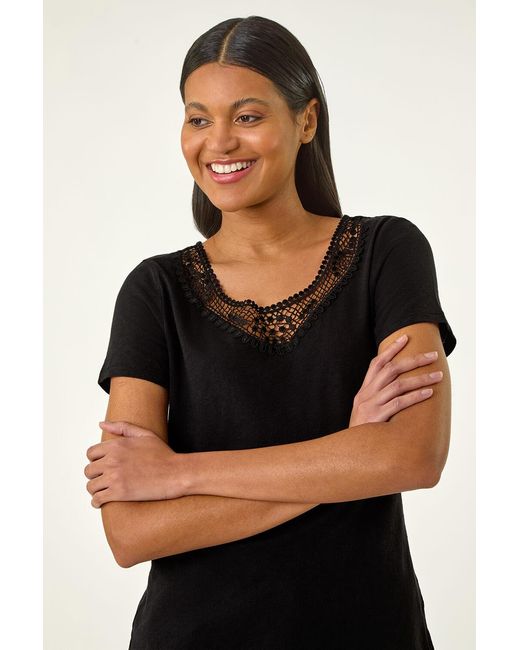 Roman Black Lace Neck Trim Stretch Top