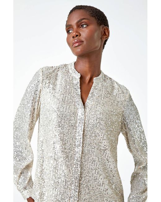 Roman White Embellished Sequin Stretch Blouse