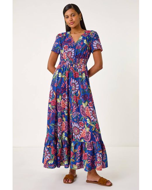 Roman Blue Rose Print Button Detail Maxi Dress
