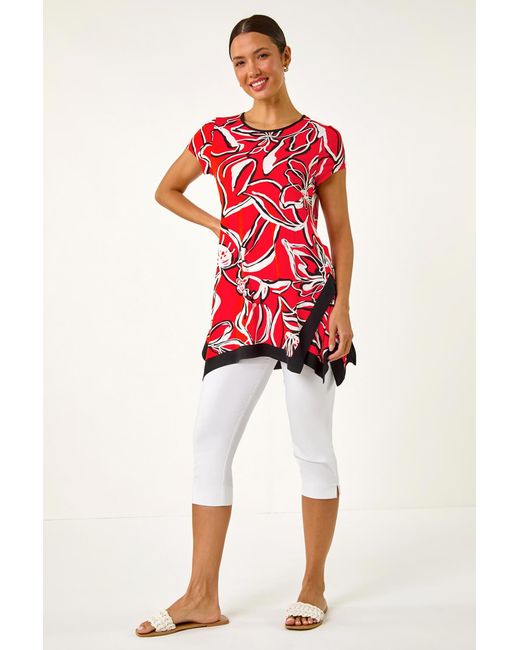 Roman Red Floral Contrast Stretch Hanky Hem Top