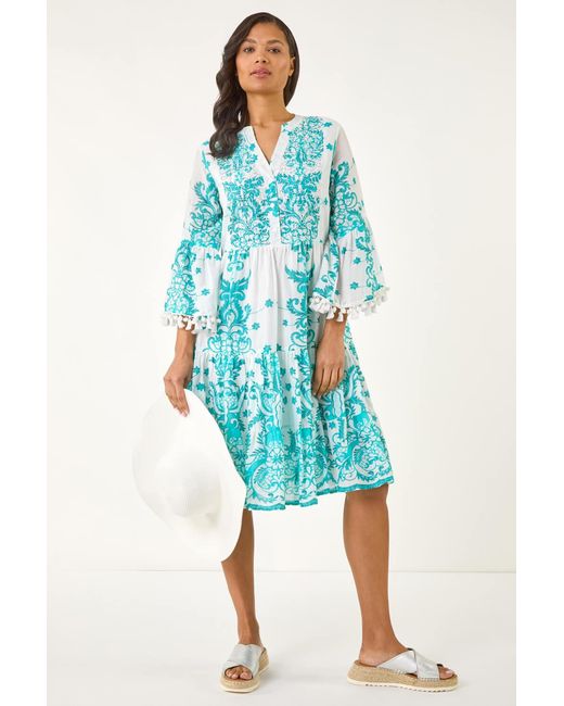 Roman Blue Beaded Tassel Trim Smock Dress