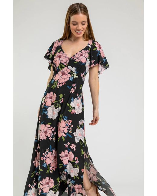 Roman Petite Black Floral Print Maxi Dress