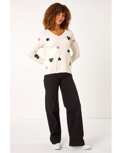 Roman White Heart & Star V-Neck Flock Jumper