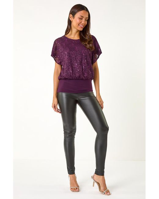 Roman Purple Sequin Lace Overlay Stretch Top