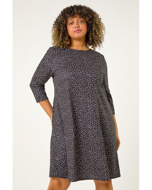 Roman Curve Gray Spot Print Stretch Swing Dress