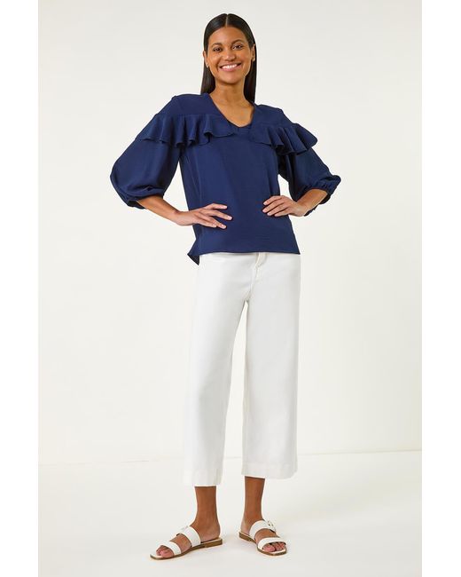 Roman Blue Frill Front Woven Top