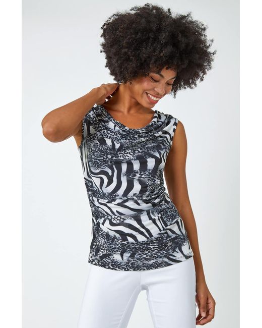 Roman Black Sleeveless Textured Animal Print Top