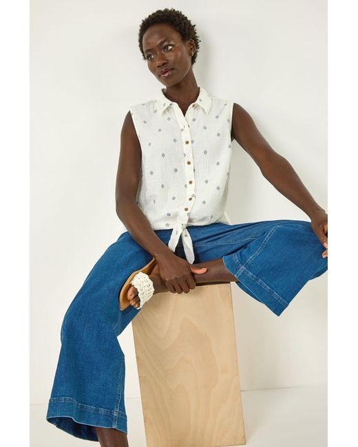 Roman Blue Embroidered Tie Hem Blouse
