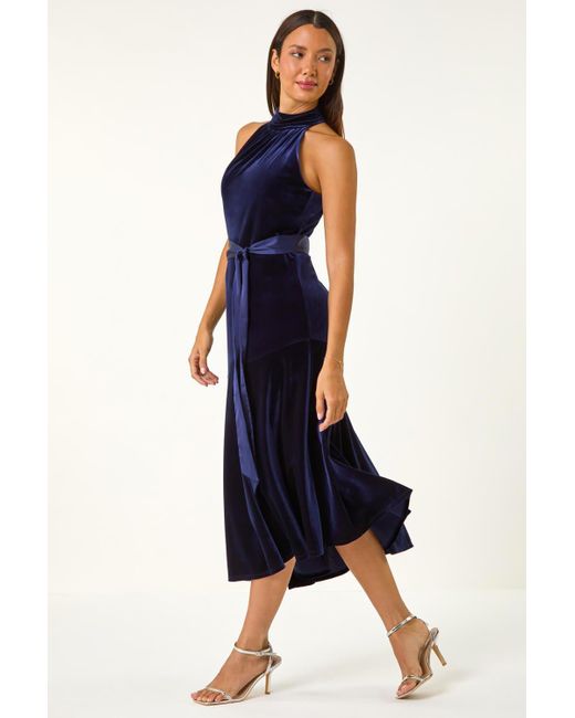 Roman Blue Velvet Halter Neck Ruffle Hem Midi Dress