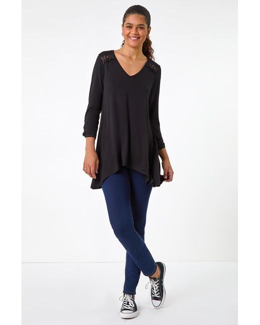 Roman Black Floral Crochet Trim Tunic Top