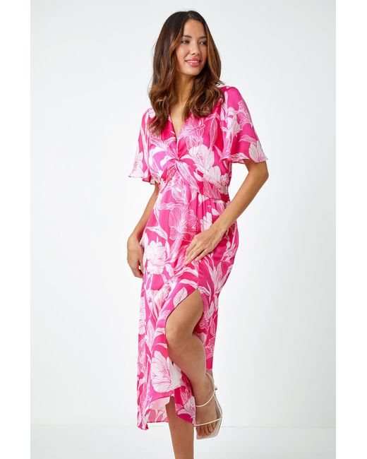 Roman Pink Floral Print Chiffon Twist Front Midi Dress