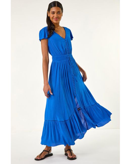 Roman Blue Tiered Buttoned Maxi Dress