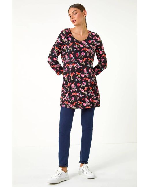 Roman Red Floral Print Stretch Tunic Top