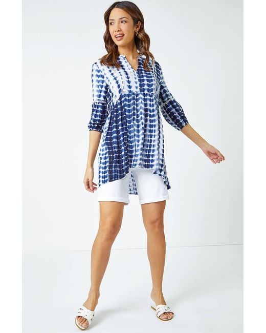 Roman Blue Tie Dye Print Smock Tunic Top