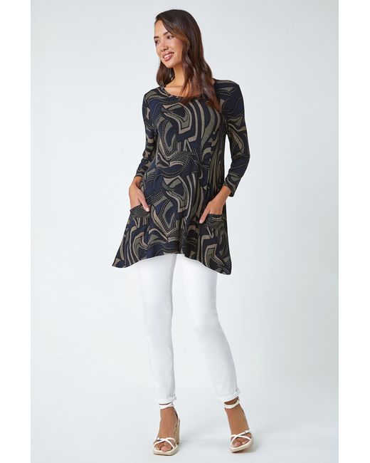 Roman Blue Swirl Print Hanky Hem Stretch Top