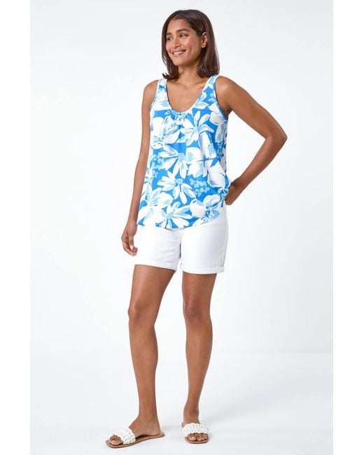 Roman Blue Sleeveless Floral Print Stretch V-Neck Vest