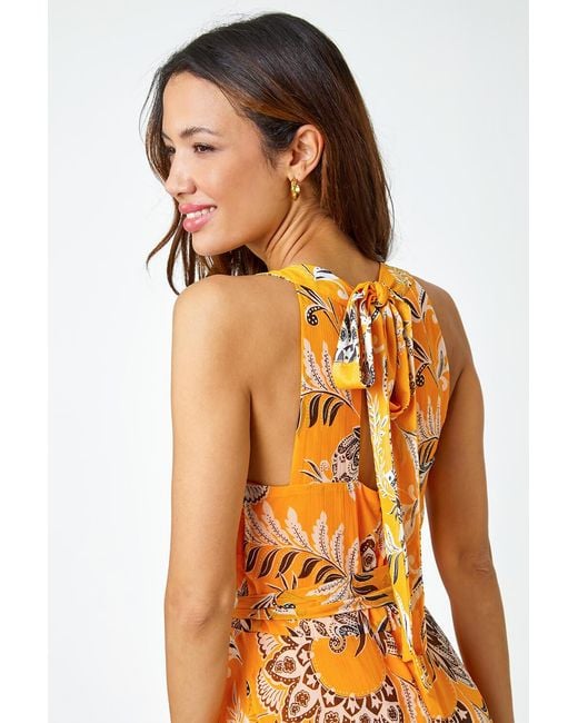 Roman Orange Sleeveless Floral Halter Neck Midi Dress