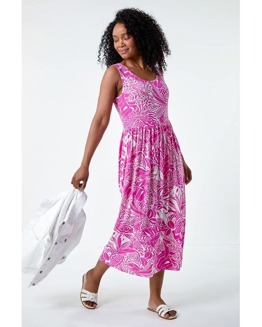Roman Petite Pink Tropical Stretch Jersey Pocket Dress